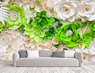 UK INTERIOR DESIGN 3D Wall Sticker White and Green Flowers Wallpaper for Home Decor Office Living Room Bedroom Hall Kids Room Play Room HD Quality 12x12 ft.