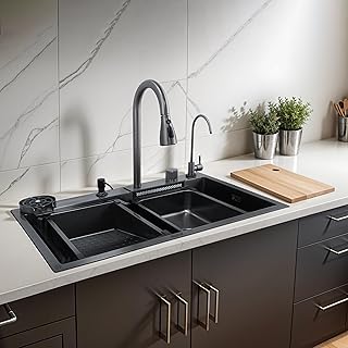 Ruhe® Nano Black Single Bowl Smart Kitchen Sink with Integrated Waterfall | 30x18x9 inches | 304-Grade Stainless Steel Sink with Cup Washer, Drain Basket, RO Tap and Pull Out Faucet | Matte Finish