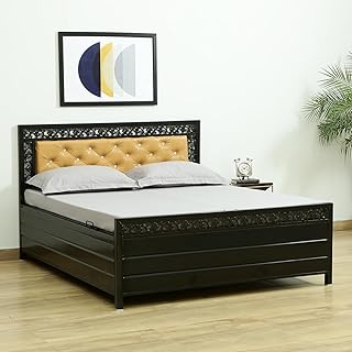 Royal Interiors Carbin Metal Queen Size Bed With Storage Wrought Iron Queen Size Cot With Hydraulic Storage Double Bed Queen Size For Bedroom With Headboard & Footboard Without Mattress (75X60), Black
