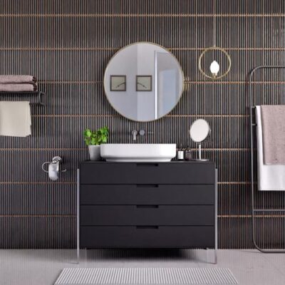 Faux Subway Wall Tile TL 05377 Miraq Ripple Stripes Black 2 ft x 1 ft Ceramic Glossy Finish - 8 mm | Suitable For Kitchen, Bathroom Walls and Backsplashes