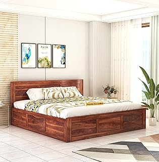 MAMTA DECORATION Sheesham Wood King Size Bed with Box Storage | Wooden Double Bed Cot Palang Furniture for Bedroom Living Room Home (Honey Finish)