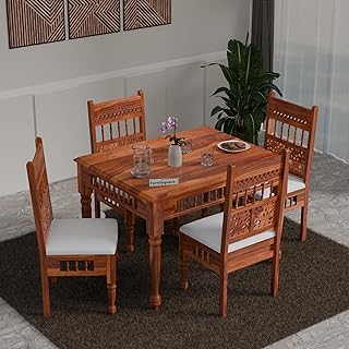 Furnisquare Dining Table 4 Seater | Solid Sheesham Wood Four Seater Dinning Table Set with 4 Cushioned Chairs | Rectangular Dinner Table for Home, Kitchen & Living Room, Natural Finish