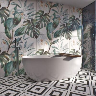 Tropical Wall Tile TL 06127 Monstera Blanco Decor Pattern 2 4 ft x 2 ft Vitrified Matte Finish - 9 mm | (1 Box Contain Single Design ) | Suitable For Living Room, Bedroom, Bathroom, Dining