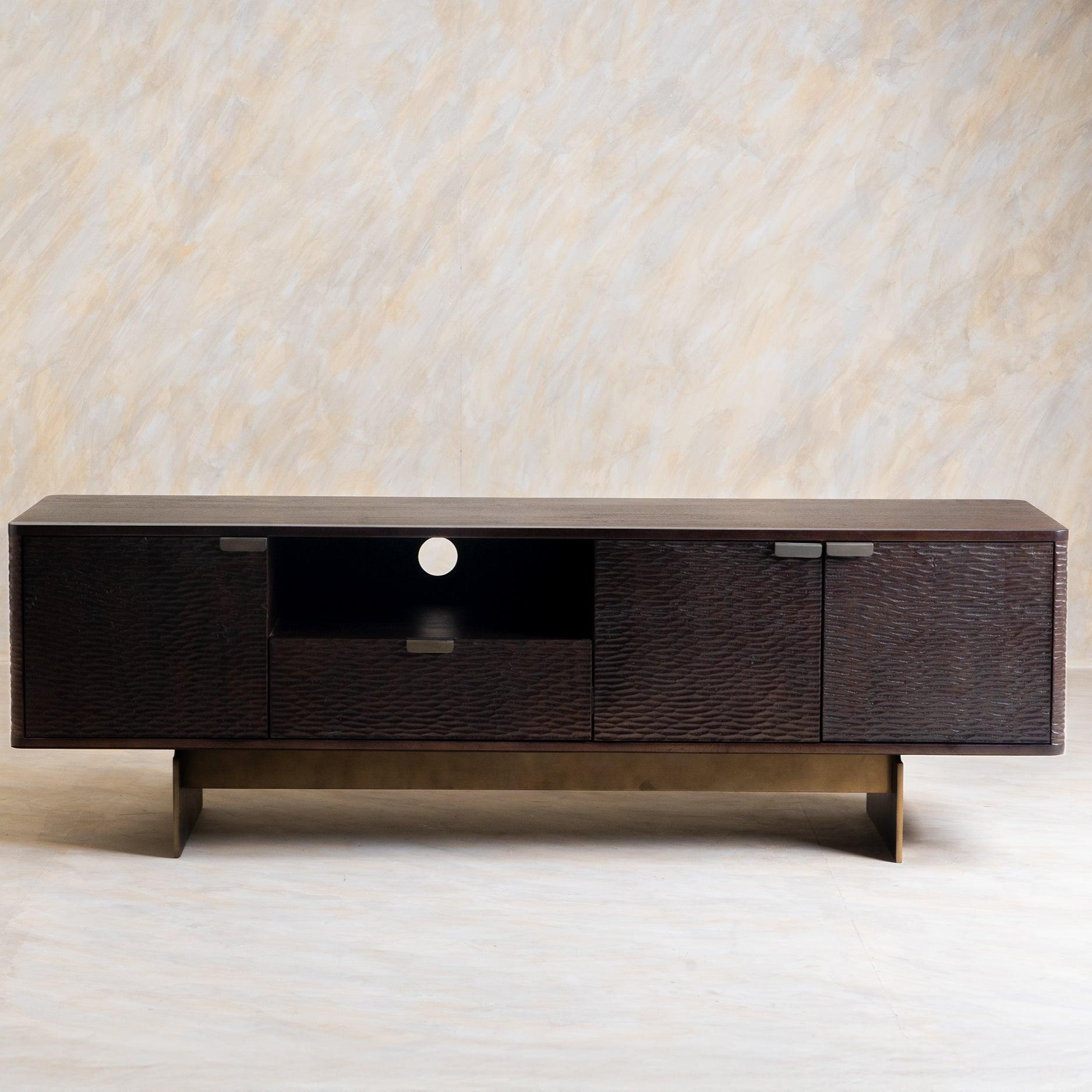 Sculpt TV Unit | Acacia Wood, Stainless Steel, and Brass