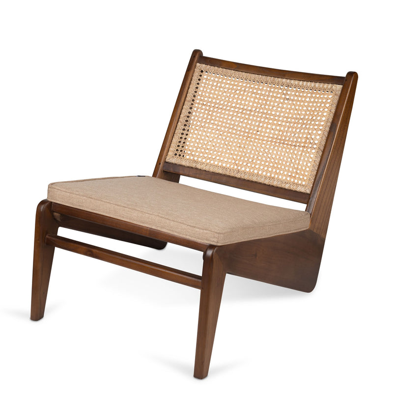 MID CENTURY WOODEN KANGAROO LOUNGE CHAIR - RATTAN CANE STYLE CHANDIGARH CHAIR WITH SEAT CUSHION