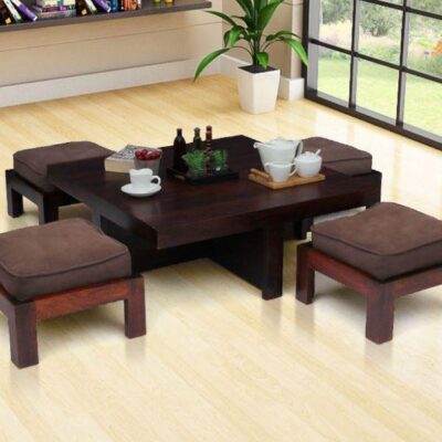 SOLID SHEESHAM WOOD COFFEE CENTER TABLE WITH 4 CUSHION STOOLS !