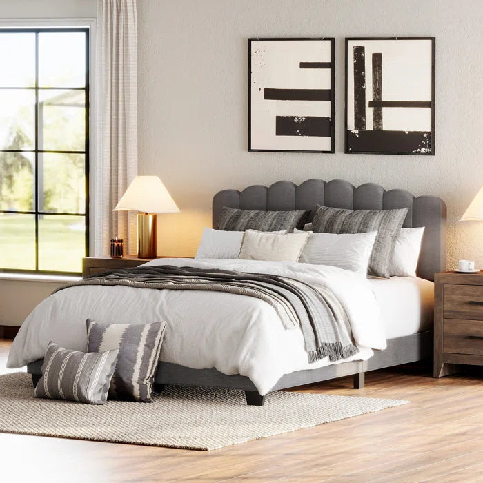 Upholstered Platform Bed With Velvet And Striped Headboard