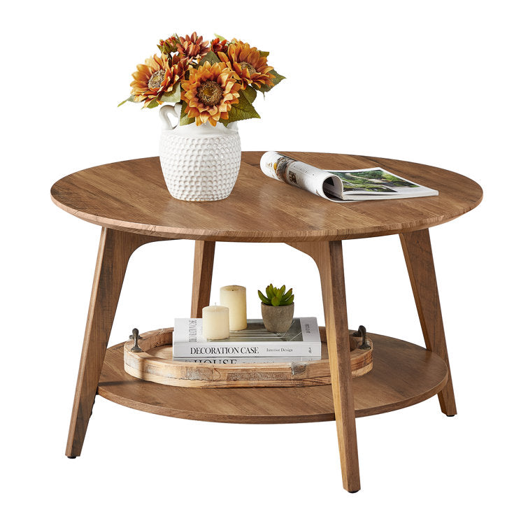 WOODEN ACCENT ROUND COFFEE CENTER TABLE WITH BOTTOM SHELF !